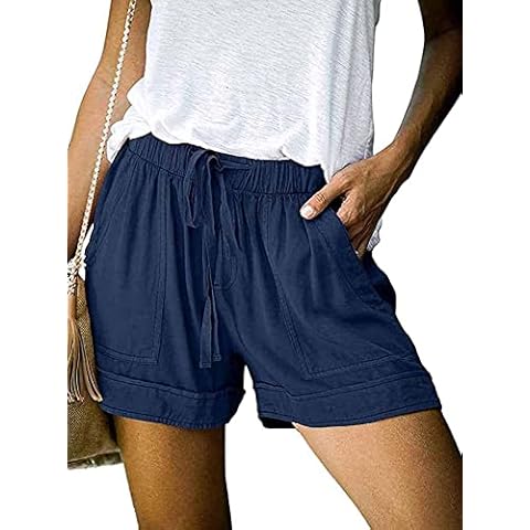 comefohome Women's Summer High Waist Drawstring Elastic Waist Casual Short Trousers Shorts with Pockets, M - Navy Blue, XL Cover