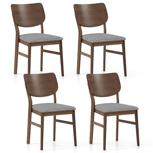 Giantex Wooden Dining Chairs Set of 4, Farmhouse Upholstered Kitchen Chairs w/Rubber Wood Frame, Gray Padded Seat, Curved Back, Armless Fabric Side Chairs for Dining Room, Living Room