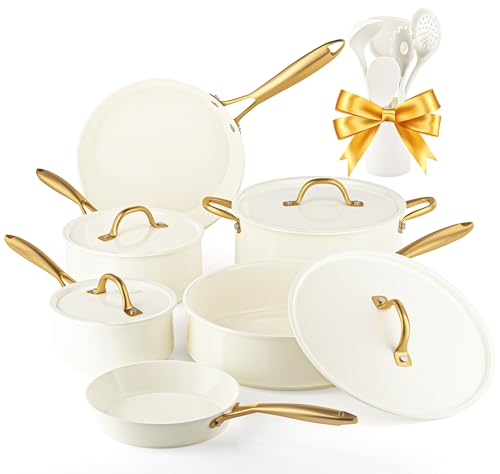 Pots and Pans Set Non Stick - VONIKI Ceramic Cookware Set with Cooking Utensils Set, Non Toxic Kitchen Cookware Sets Dutch Oven Pot with Lid Saucepan Set Sauté Pan Frying Pan Set for Cooking Gifts