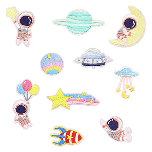 Modloan 10 Stück Flicken zum Aufbügeln Kinder Astronaut, Bügelflicken Kinder Bügelbild Planet, Bestickte Aufnäher zum Aufnähen auf Kleidung, Kleid, Hut, Jeans, DIY-Zubehör (Bunt Astronaut Planet) Cover