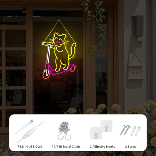 Image of Cute Cat Neon Sign, Skateboard Neon Signs for Wall Decor Dimmable USB Room Decor for Teen Girl, Party, Bedroom, Pub, Furniture, Gifts for Birthday, Christmas (Skateboard Cat-Yellow)