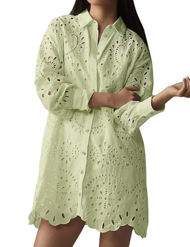 Image of CHARTOU Women Eyelet Lace Dress Button Down Shirt Loose Fit Summer Casual Mini Dress