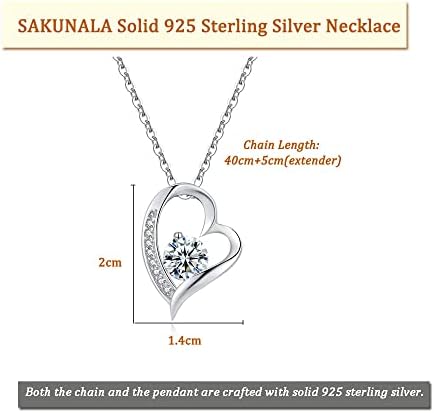 SAKUNALA Solid 925 Sterling Silver Necklace for Women Girls, Hypoallergenic Silver Love Heart Pendant Chain Necklace with Cubic Zirconia, Birthday Anniversary Christmas for Wife Mum