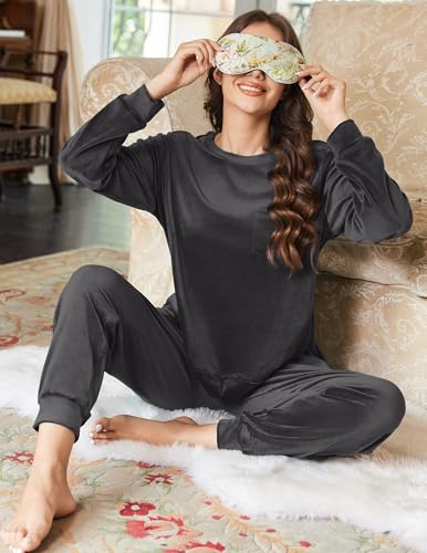 Ekouaer Womens Pajamas Sets Long Sleeve Soft Sleepwear 2 Piece Velvet Pjs Lounge Sets with Pockets