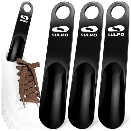SULPO Schuhlöffel klein aus Kunststoff, 19 cm, 3 Stück, kompakter Schuhanzieher mit Aufhängeloch, leichter Reiseschuhlöffel für Handtasche, Sporttasche und Zuhause, Schwarz