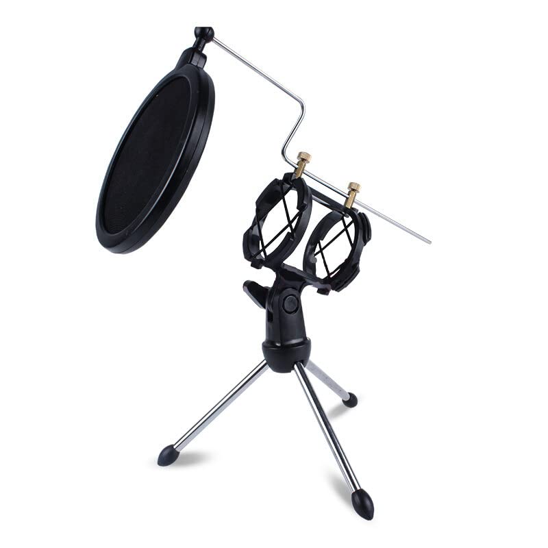 desktop microphone tripod stand, shock mount desk mic holder with pop filter net for podcast chatting meeting live lecture