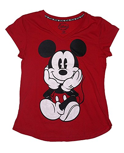 Disney Mickey Mouse Sitting Junior Pajama T Shirt Top -Red