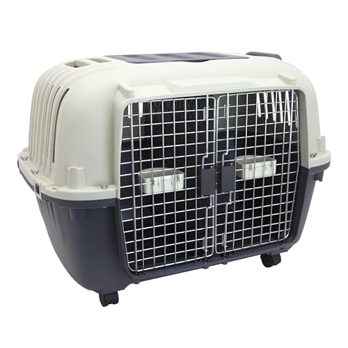 Image of SportPet Airline Compliant 2-Door Large 34.5 inch Travel Dog Kennel - Durable Plastic Pet Carrier w /Divider, Wheels, & Bowls, Collapsible Indoor /Outdoor Dog Kennel, Dogs up to 28 inch L & 20 inch H - Cream /Gray