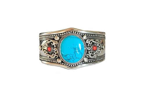 Boho Blue Stabilized Turquoise & Red Coral Adjustable Cuff Bracelet | Argentium Plated Stainless Steel & Ornate Alloy Band | Nepal Jewelry #TOP24