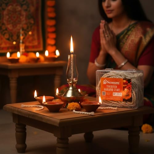 Image of Twisted Akhand Jyot Batti, Special Long Akhand Jyot Cotton Wicks Batti for Diya Mandir Pooja Oil Lamp | Cotton Akhand Jyot Batti White for All Puja, Aarti, Akhand Jyot (Pc of 12 Wicks, White)