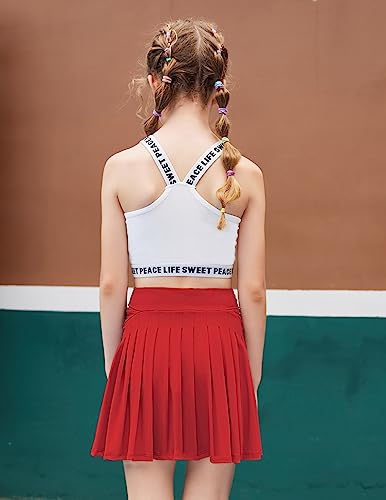 Zaclotre Kid Girls Pleated Tennis Skirt With Pockets Shorts Athletic Golf Skorts Activewear Running Workout Sports Skirts Red #TOP1