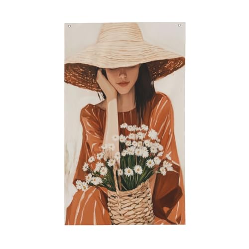 Bohemian Woman Orange Dress Daisies Yard House Flags,3x5 Ft Season Greeting Banner With Grommets Indoor Outdoor Party Home Decorations