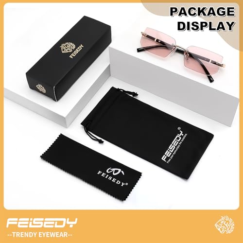 Image of FEISEDY Rimless Sunglasses Y2K Retro Small Narrow Clear Eyewear Vintage Rectangle Sunglasses for Women Men B2643