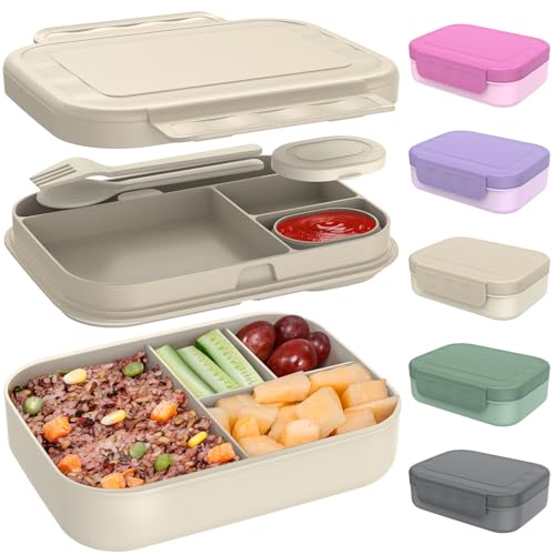 Caperci Stackable Bento Lunch Box for Adult & Teens - Reinforced Leak-Proof Lunch Container 4-Compartment with Utensils & Sauce Container, BPA-Free, Dishwasher/Microwave Safe, 47oz (Pale Mocha)