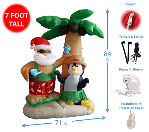 7 Foot Christmas Inflatable Santa Claus And Penguin With Palm Tree Yard Decoration Lights Decor Outdoor Indoor Holiday Decorations, Blow Up Lighted Yard Decor, Lawn Inflatables Home Family Outside #TOP1