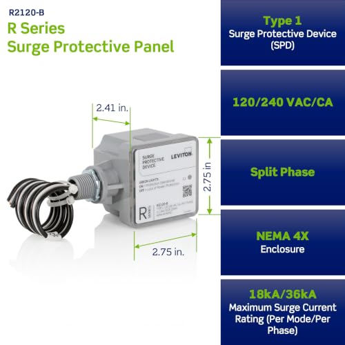 Image of Leviton Type 1 Surge Protective Panel, Residential Home Surge Protection, 120 /240 VAC, Split Phase, 36kA per Phase, R2120-B SPD, Gray