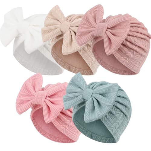 Image of AQOKKA Newborn Baby Girl Hats with Bow Toddler Infant Beanie Cap Newborn Hospital Hats for Baby Girl Kid 3-12 Months