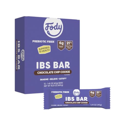 Fody Foods IBS Snack Bars, Chocolate Chip Cookie, 1.41 Oz (Pack of 12), 6g Prebiotic Fiber, Low FODMAP, Gut & IBS Friendly, Lactose Free, Non-GMO, Gluten Free