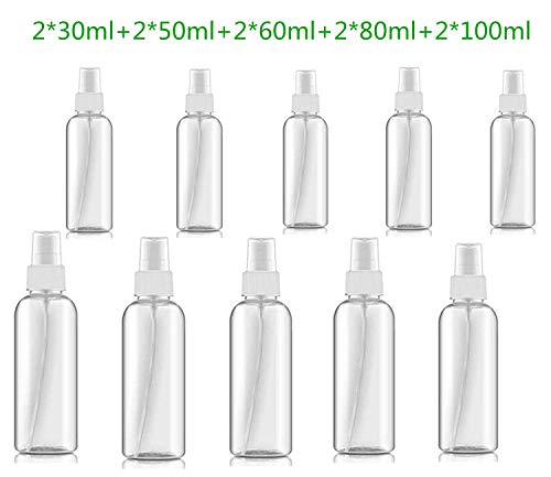 Preisvergleich Produktbild 10PCS Sprühflasche Transparente Leer Feinen Nebel Sprühflasche Reise Zerstäuber nachfüllbar Flaschen, Parfumzerstäuber, Tragbares Reiseflaschen Set mit Trichter(2*30ml+2*50ml+2*60ml+2*80ml+...