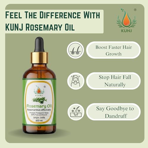 Image of KUNJ Rosemary Oil for Hair Growth & Hair Fall Control - 100ml | 100% Pure & Natural Undiluted Rosemary Essential Oil | Promotes Thick Hair, Scalp Nourishment, Dandruff Care | Steam Distilled
