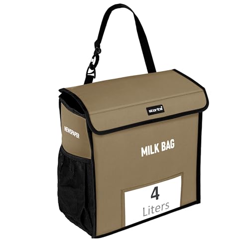 Image of Storite Milk Bag for Door Hanging - Insulated and Waterproof Storage for Milk Sachets, Bottles, Outdoor Gate Delivery Basket Box with Pocket for Notes and News Paper (Beige, Small (23x11x23cm)