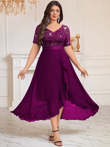 Image of Knitee Women's Plus Size Sequin Lace Sweetheart Neck Ruffled Hemline Formal Evening Maxi Dresses