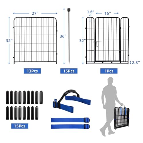 ADAVIN Garden Fence with Gate 32in(H) x 31 ft(L),14 Panels Black Heavy Duty Iron Metal Animal Barrier Fence, Indoor&Outdoor Dog Playpen, Camping Fence, No Dig Garden Border Fencing for Yard