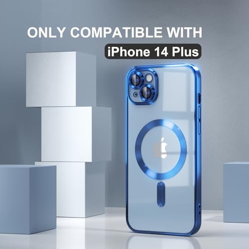 Image of Misea Magnetic for iPhone 14 Plus Case Compatible with MagSafe | [Never Yellowing] [Military Drop Protection] Full Camera Lens Protector Plating Soft Clear Phone Case for Women, Deep Blue