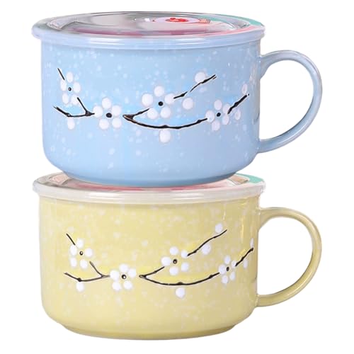 Lot de 2 bols à soupe avec poignées, 800 ml/28 oz, résistant à la chaleur, tasse soupe pour micro-ondes avec couvercle, tasse de voyage en céramique florale Wintersweet pour ramen, nouilles, porrid
