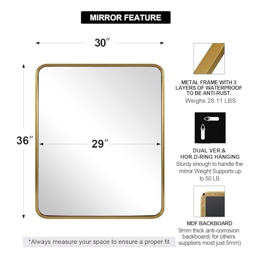 Image of ANDY STAR Gold Bathroom Mirror for Wall, 30x36'' Brushed Gold Rounded Rectangle Mirror for Vanity in SUS304-Anti-Rust, Wall-Mounted Horizontal /Vertical 1'' Deep