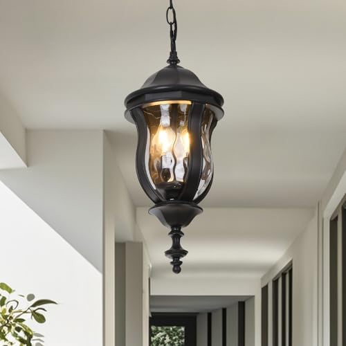 Image of Large Outdoor Pendant Light, 19'' Black Hanging Lantern Porch Light