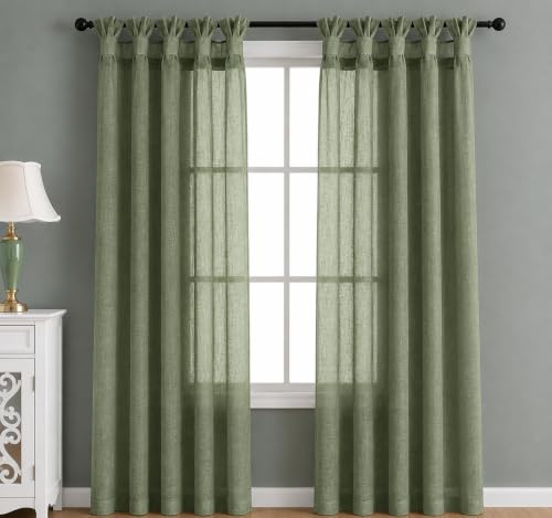 Image of THE LINEN COMPANY Cotton Linen Sheer Window Curtain with Twist Tab, Light Filtering Linen Textured Curtain for Living Room, Bedroom & Office, 2 Piece, Avocado Green, 4 FT x 4.5 FT
