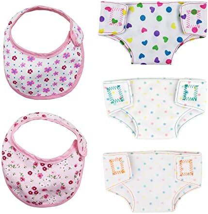 NINVVS 5 Pack Doll Accessories Set Diaper Spotted Bibs Doll Baby Diapers Bib Feeding Reusable Dolls Fabric Nappies Fits 14-18" Doll Accessory Set