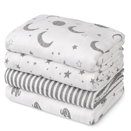 Image of GLLQUEN BABY Muslin Swaddle Blankets 4-Pack Breathable Receiving Blankets (35" x 40") Soft Baby Blankets for Girls and Boys Newborn Essentials Muslin Burp Cloths Swaddle Wrap Baby Gift (Elephant)