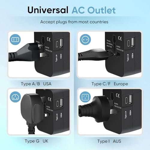 Travel Adapter, Worldwide All in One Universal Travel Adaptor AC Power Plug Adapter Wall Charger with USB-C and USB-A Charging Ports for USA EU UK AUS Black - Image 6