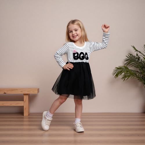 Toddler Girl Halloween Outfit Boo Embroidery Striped Long Sleeve Tulle Dress Infant Party Dress Fall Winter Clothes3
