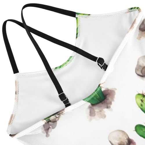 Watercolor Green Cactus White Child Girl Swimsuit, Beach Bathing Suit 3-10 Y with Adjustable Shoulder Strap, 3-10 Y4