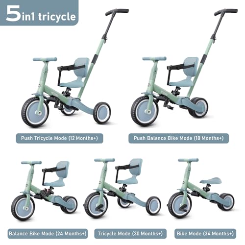 Image of newyoo Toddler Tricycle with Push Handle for 1-3 Year Old, Toddler Bike, Birthday Gifts and Toys for Boys and Girls, 5 in 1 Kids Trike, Convert to Baby Balance Bike, Green, TR007