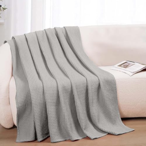 100% Cotton Blankets Throw Size for Bed - Waffle Weave Blankets for Summer, Lightweight and Breathable Soft Woven Blanket for Spring, (Light Grey, Throw (50