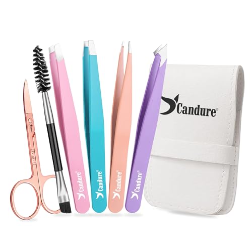 Candure Pinzas Depilar Profesionales - Pinza de Pelo de Acero Inoxidable de Punta para Pelos Faciales, Cejas Tijeras y Cepillo - Juego de 6 Puntiagudo Inclinado Plano y Punta Inclinada Puntiaguda