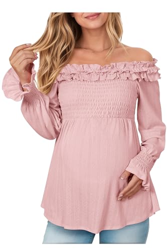 OUGES Women's Maternity Tops Shirts Blouse Off The Shoulder Maternity Clothes Puff Long Sleeve Cotton Blend Stretchy Ruffle Smocked Going Out Elegant Fall Fashion 2025(Pink,XL)