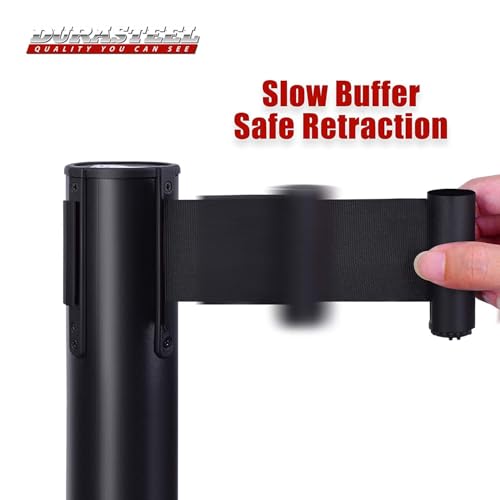 Image of DuraSteel Black Crowd Control Barriers Stanchions with Retractable Belts - Metal Stanchion Posts w / 6.5ft Black Retractable Barrier Belt Ropes - Queue VIP Safety Line Dividers - Set of 6 Stantions