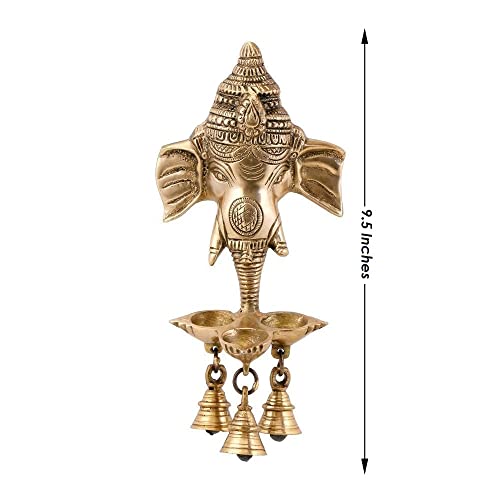 Image of ARTVARKO Brass Ganesh Ganesha Wall Hanging Idol Oil Lamp Three Diyas and Bells Puja Gifting Entrance Home Decor Idol 9.5 Inch.