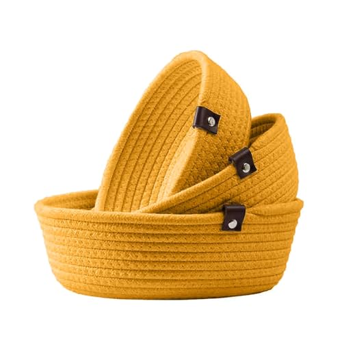 Image of Handmade Jute Cotton Storage Baskets Set of 3 for Dining Table, Fruit Basket & Roti Bowl, Cane Style Organizer for Kitchen, Home Decor, Washable Multipurpose (Mustard)