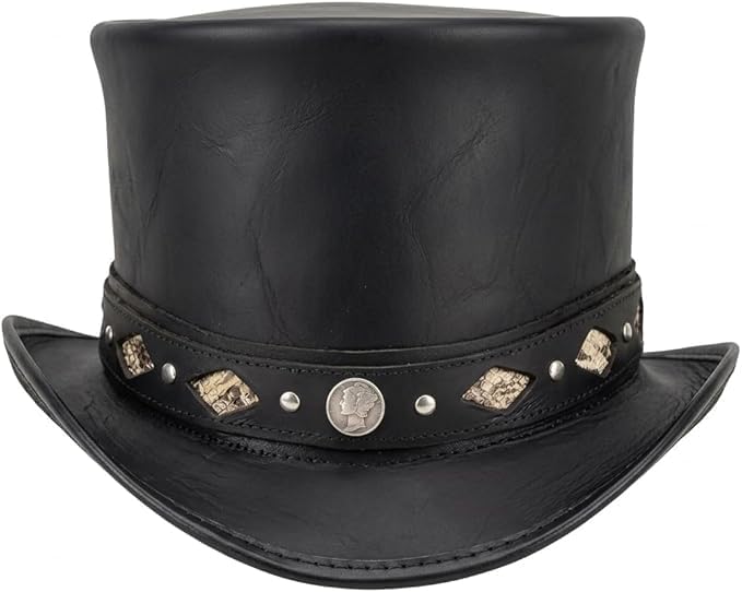 Black Leather Top Hat Buffalo Nickel Steampunk Gothic Biker Western Handmade Cowhide Hat Unisex
