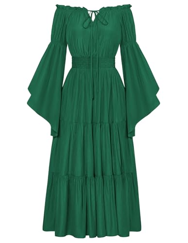 Damen Renaissance Corsagenkleid Schulterfrei mit Tasche Flowy Swing Ballkleid Dunkelgrün M