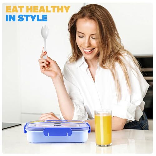 Image of EASYFUN Bento Box Adult, Lunch Box, 4-Compartment Lunch Containers, Drop-Proof, Dishwasher Safe & Made with BPA-Free Materials (Blue)
