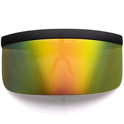 sunglassLA - Futuristic Oversize Shield Visor Sunglasses Flat Top Mirrored Mono Lens 172mm (Rainbow Mirror)
