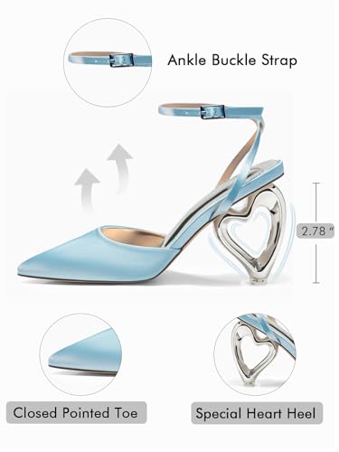 Image of Coutgo Womens Kitten Heels Closed Pointed Toe Heart Heel Ankle Strap Satin Pumps Wedding Prom Dress Valentine Shoes