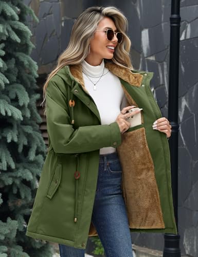 Vancavoo Winterjacke Damen Wintermantel Warm Gefüttert Winterparka Winter Jacket Mäntel Verstellbarer Kordelzug Parka Kapuzenmantel Frauen mit Kapuze,Grün,L